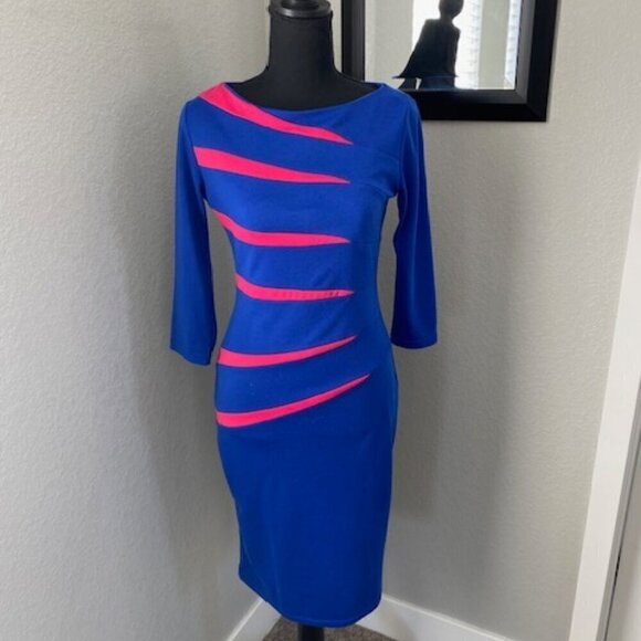 FORTRIC Bodycon Slim Blue Pink Retro-Style 80s Pencil Dress Small - Picture 3 of 12